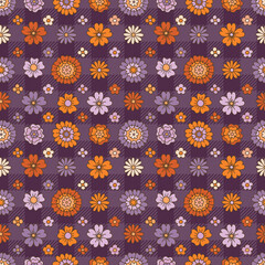 Purple checkered pattern and vintage daisy flowers. Fall boho seamless pattern.