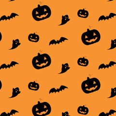 Halloween pattern. Orange background. Pumpkin and bat. Vector illustration