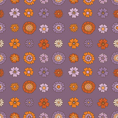 Groovy daisy flowers 70s retro style seamless pattern.