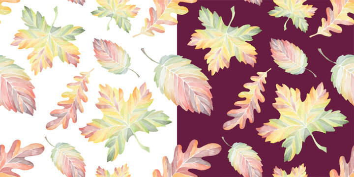 Set of seamless patterns with colorful autumn leaves on white and dark red backgrounds. Watercolor hand drawn illustration that can be used for wallpapers, print and surface design and wrapping