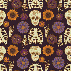 Vector Bohemian Halloween seamless pattern design. Autumn flowers and sculls print design. Day of the dead repeat background.