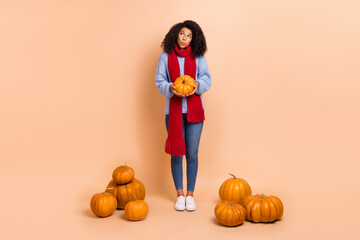 Full length body size view of attractive minded funny trendy girl holding in hand pumpkin thinking...