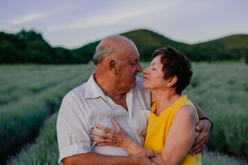 portrait of an elderly couple in love man and woman in the summer on a lavender field