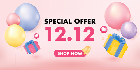 12.12 sale banner template design with balloon for web or social media. 3d render.