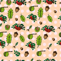 Fall harvest vector seamless pattern. Nuts, leaves, berry. Autumn season ornament in simple cartoon style. Abstract сolored design for print, wrap, background, wallpaper, textile, fabric, decor, card.