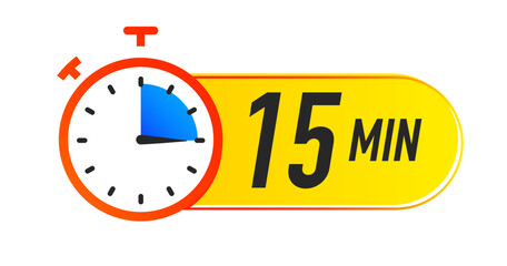 Timer icon 15 minutes vector colorful style. Clock, stopwatch isolated on white background. Cooking time label. EPS 10