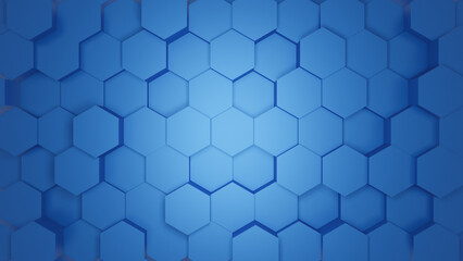 Abstract blue background with hexagons or honeycombs as 3D rendering, hexagonal wallpaper, network connection concept, geometric illustration design, flat lay