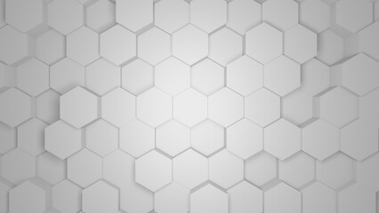 Abstract white background with hexagons or honeycombs as 3D rendering, hexagonal wallpaper, network connection concept, geometric illustration design, flat lay