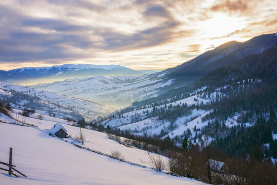 mountain landscape at sunrise. trees on the snow covered hills. sky with glowing clouds