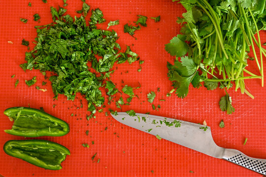 Cutting Board with Knife, Cilantro, and Jalape&ntilde;o Peppers