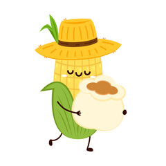 Corn and popcorn cartoon. Vector mascot, cartoon and illustration of a corn holding popcorn. Character design.