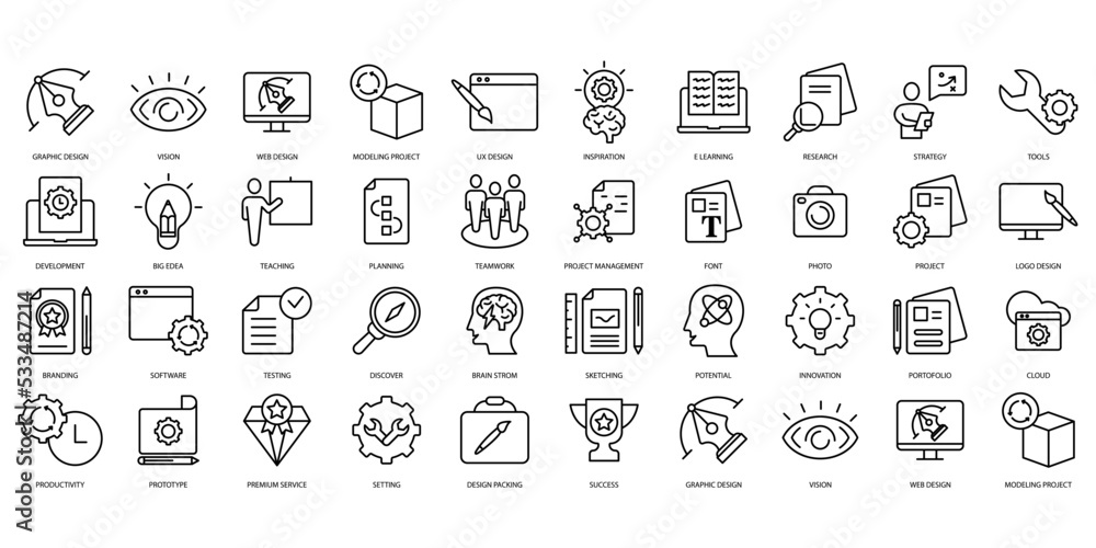 Wall mural creative process icons set. set of editable stroke icons.vector set of creative process