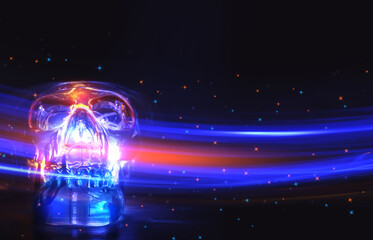 Neon light skull on a dark background. Halloween background. Futuristic light lines, bokeh.