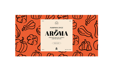 Vector template design label for candle package with pumpkin spice perfume. Modern design with ink illustrations. Seamless pattern.