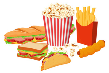 Графика и A set of fast food.Sandwiches, fried legs, pizza, Chinese noodles and cola.Street food.Vector illustration on a white backgroundиллюстрации