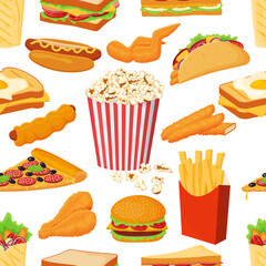 Fast food seamless pattern.Various elements of street food on a white background.Vector illustration.