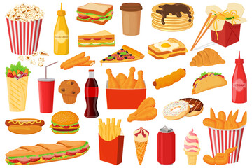 A set of fast food.Shawarma, hot dog, pizza,sandwiches,popcorn,ice cream, wings, thighs and croissant.Street food.Vector illustration.