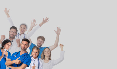 Happy doctors raising arms