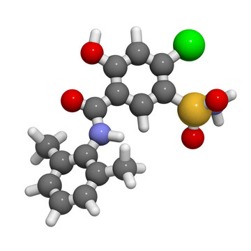 Xipamide diuretic drug molecule. Used in the treatment of hypertension (high blood pressure).