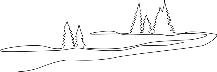 Young spruce trees in the field. Landscape. Continuous line drawing. Vector illustration. - 533487861