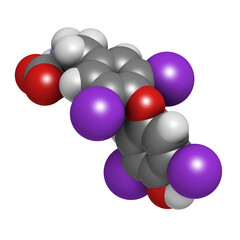 Thyroxine molecule, chemical structure. Thyroid gland hormone that plays a role in energy metabolism regulation. It is a iodine containing derivative of thyrosine.