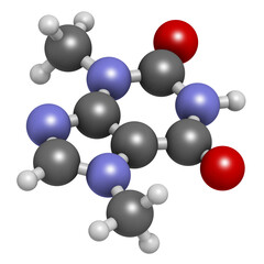 Theobromine (xantheose) chocolate alkaloid molecule. Present in cacao, tea, etc. Also used as drug. 3D rendering.
