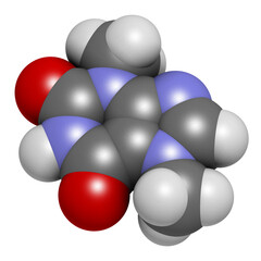 Theobromine (xantheose) chocolate alkaloid molecule. Present in cacao, tea, etc. Also used as drug. 3D rendering.