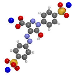 Tartrazine (E102) food dye molecule. Yellow azo dye used in food, beverages, pharmaceuticals, etc. Allergenic.