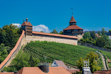 View of the historic city walls and castle Guardhouse (Hochwacht) and Thick Tower (Dicker Turm) in...