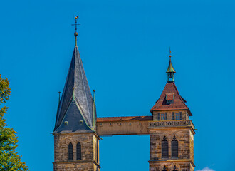 Fototapeta na wymiar The steeples of the St. Dionysius church (Stadtkirche St. Dionys), Esslingen (Esslingen-am-Neckar), Baden-Wurttemberg, Germany, Europe