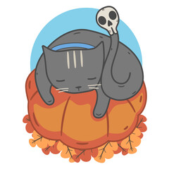 A black cat sleeping on a pumpkin