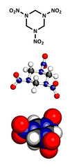 RDX (cyclotrimethylenetrinitramine) explosive molecule.
