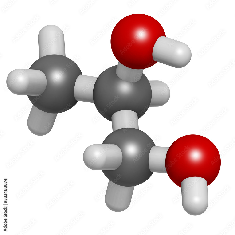 Poster propylene glycol (1,2-propanediol) molecule. used as solvent in pharmaceutical drugs, as food additi