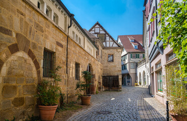 Fototapeta na wymiar Romantic streets in the old town of Esslingen at the Neckar. Baden Wuerttemberg, Germany, Europe