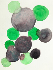 Abstract gradient watercolor circles isolated on white, round shape background. Watercolour stains aquarelle texture green black