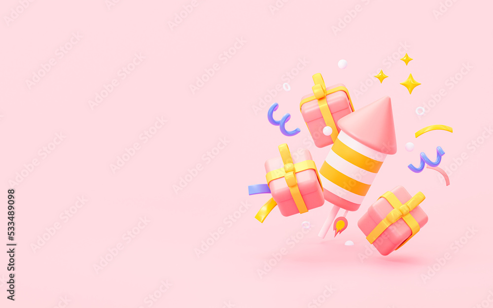Poster 3d gift with rocket and confetti. festive background. new year's card with an empty space for text. 