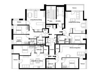 Black and white house floor plan, blueprint. House apartment with furniture. Floor plan of an apartment building. Unusual floor plan