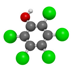 Pentachlorophenol (PCP) pesticide and disinfectant molecule. Often used for wood preservation.