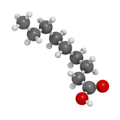 Nonanoic acid (pelargonic acid) molecule. Ammonium salt used as broad-spectrum herbicide.