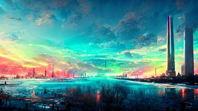 bright colorful cityscape skyline background futuristic HD render