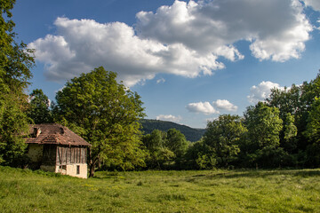 Haunted abounded empty house on country side, at the end of deserted village