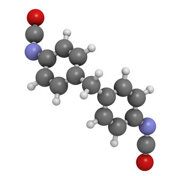 Methylene diphenyl diisocyanate molecule (MDI), polyurethane (PU) building block.