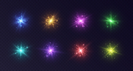 Lens flares with sparkles, colorful starbursts set, shiny camera flashes. Glowing lasers with particles, transparent overlay glare effect. Magic spark with fairy dust. Vector illustration.