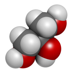 Glycerol (glycerin) molecule. Produced from fat and oil triglycerides. Used as sweetener, solvent and preservative in food and drugs. 3D rendering.