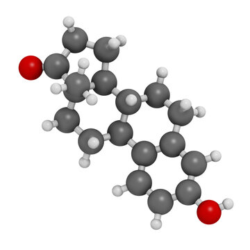 Estrone (oestrone) human estrogen hormone molecule. 3D rendering.