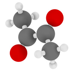 Diacetyl (butanedione) molecule. Responsible for taste of butter. Used for butter flavouring. Causes popcorn worker's lung (bronchiolitis obliterans).