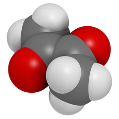 Diacetyl (butanedione) molecule. Responsible for taste of butter. Used for butter flavouring. Causes popcorn worker's lung (bronchiolitis obliterans).