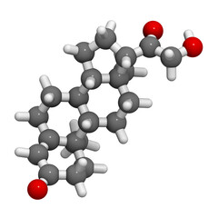 Deoxycorticosterone (DOC) mineralocorticoid hormone molecule. Precursor to aldosterone. 3D rendering.