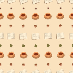 Seamless pattern of autumn elements. Set of coffee cup, book, cinnamon, 
acorn, leaf. Colored trendy illustration. Hand draw isolated vector illustration