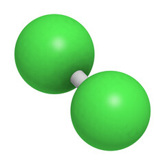 Elemental chlorine (Cl2), molecular model.